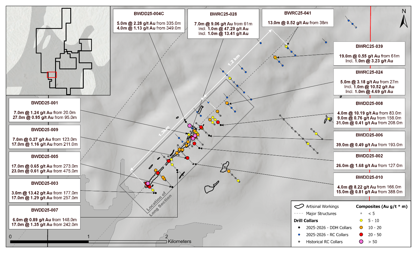 Figure 2. Bravo West plan map highlighting 2025-2026 drilling results