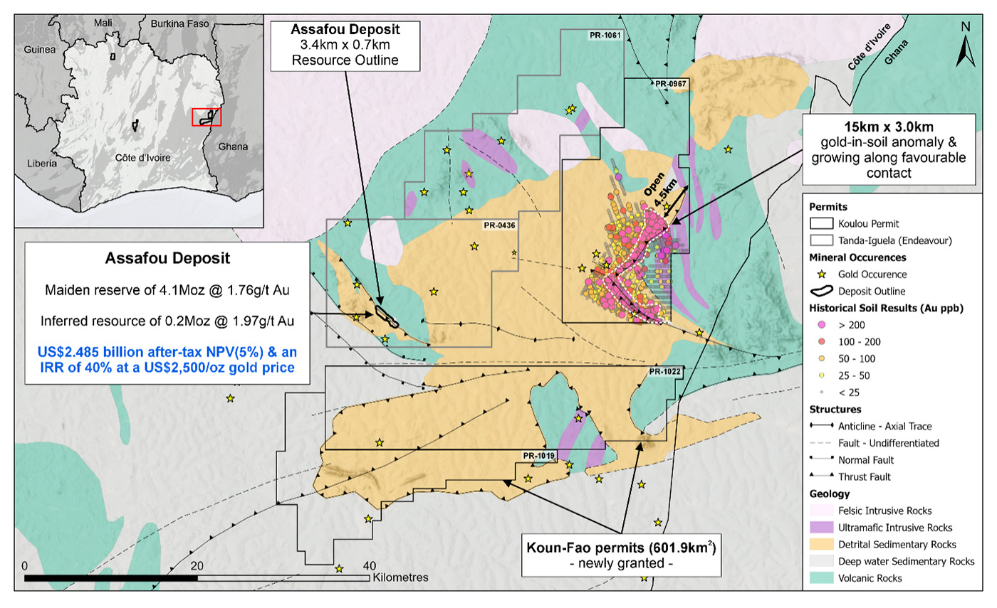 Regional overview of the newly granted Koun-Fao permits, Assuéfry permit, and Endeavour Mining’s Tanda-Iguela permits