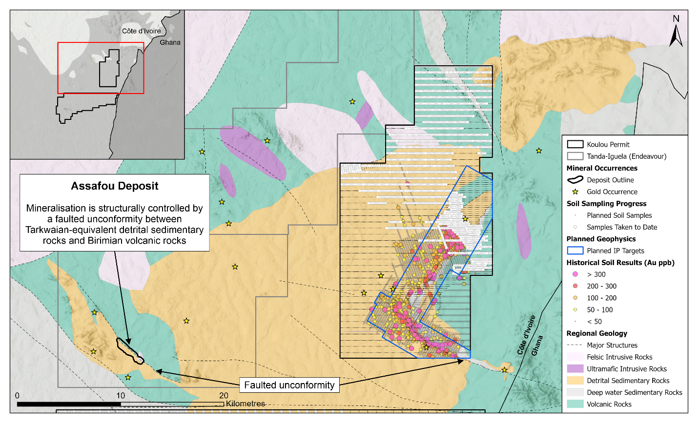 Figure 1. Assuéfry permit 2026 exploration plan and progress map with underlying regional geology