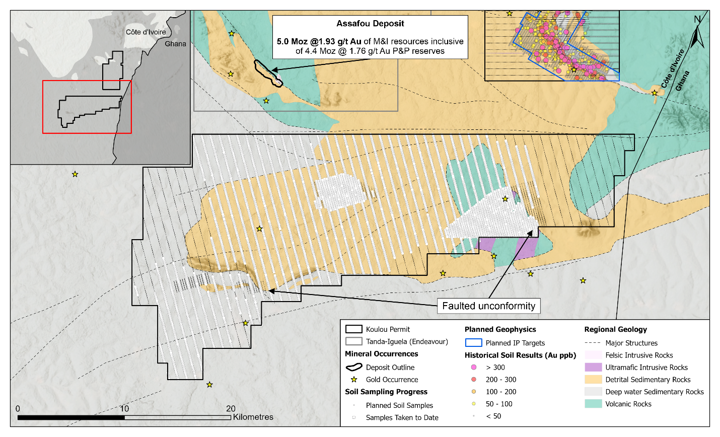 Figure 2. Koun-Fao permits 2026 exploration plan and progress map with underlying regional geology
