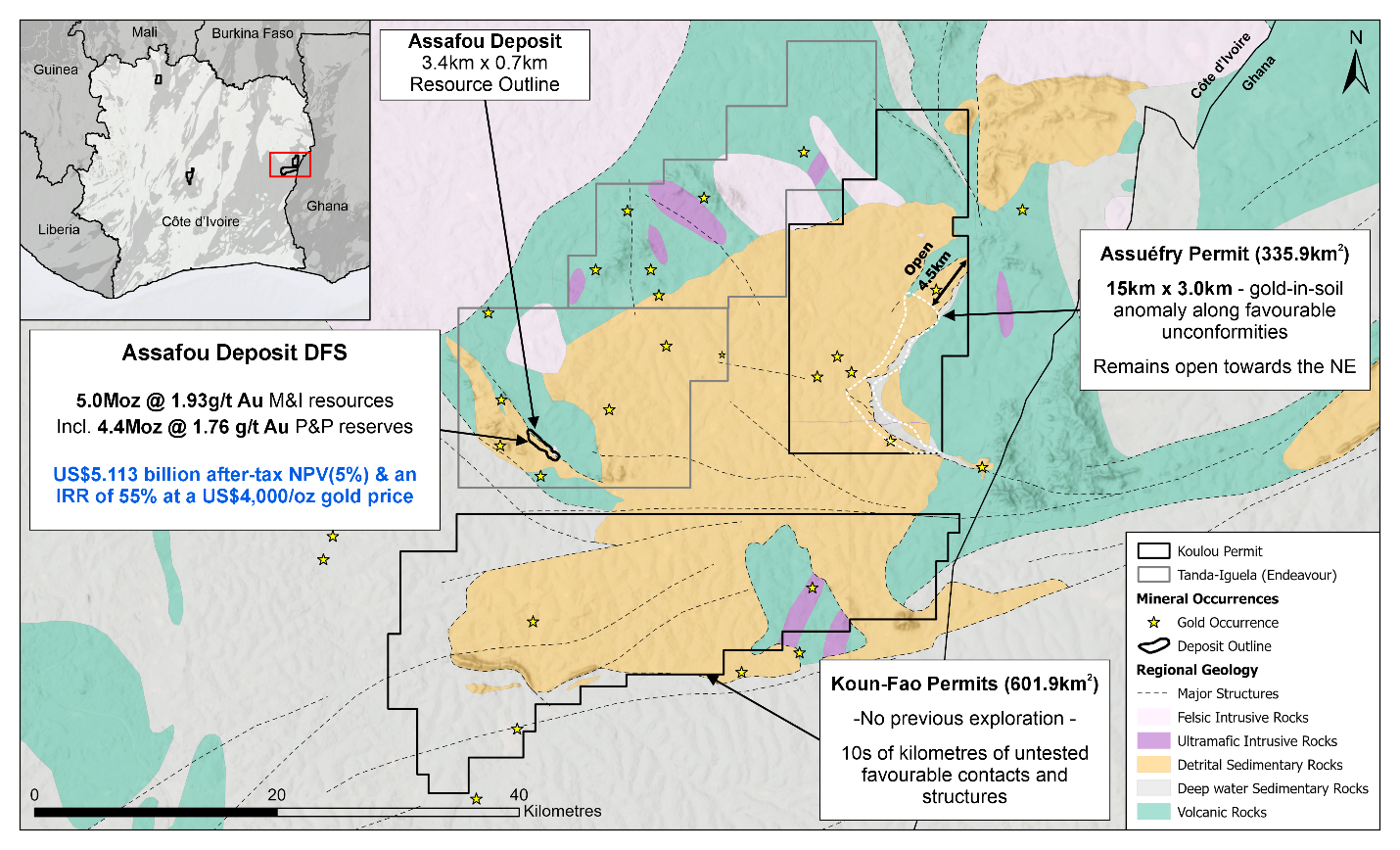 Figure 4. Regional overview of the Gontougo Project and Endeavour Mining’s Tanda-Iguela permits